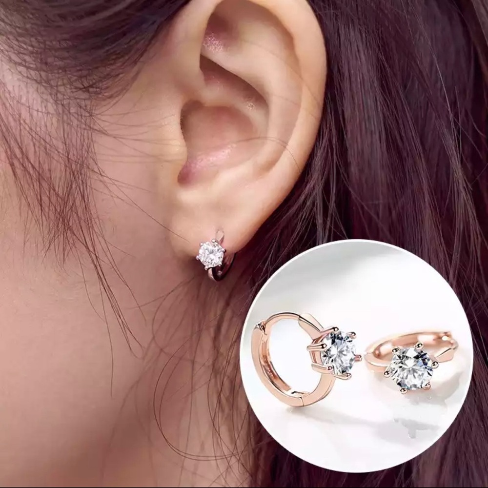 New 14k Gold Filled Geometric Circle Hoop Six-Claw White Sapphire Earrings - Picture 14 of 17